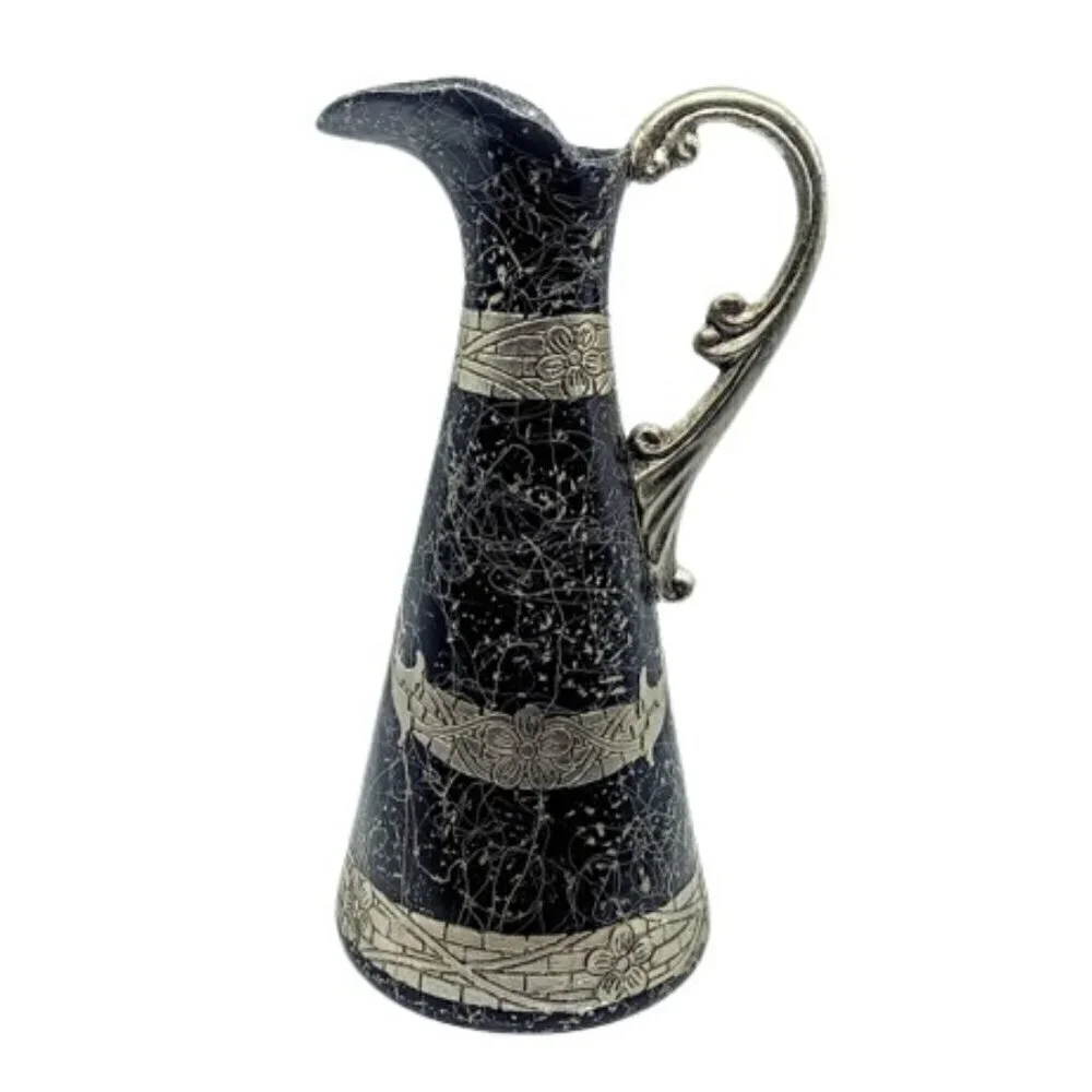 Vintage Black Ceramic Silver Metallic Tall Pitcher Vase